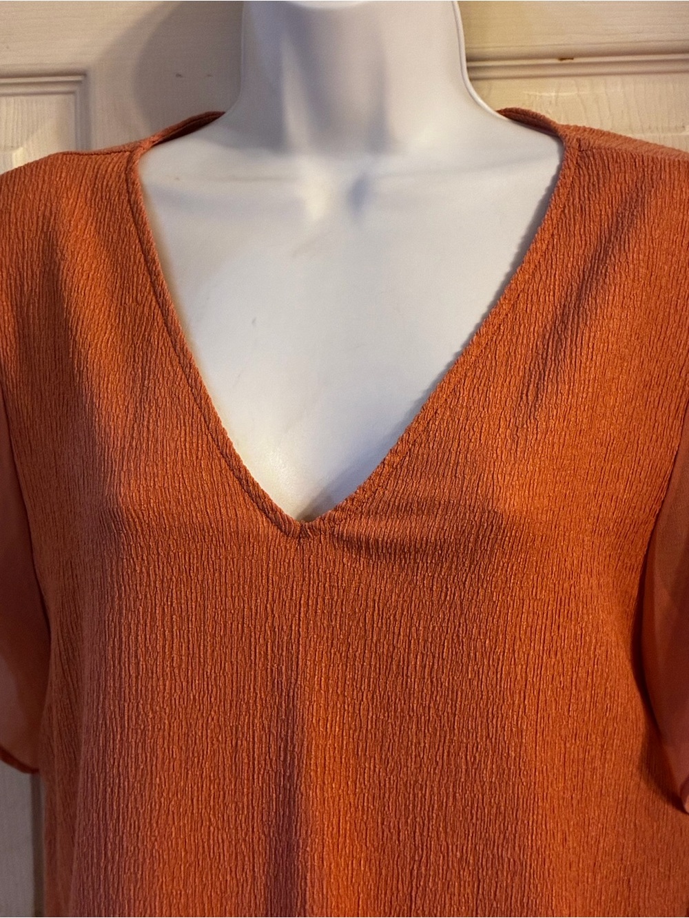 Calvin Klein Rust Orange V-Neck Textured Blouse, Size: M, NWT